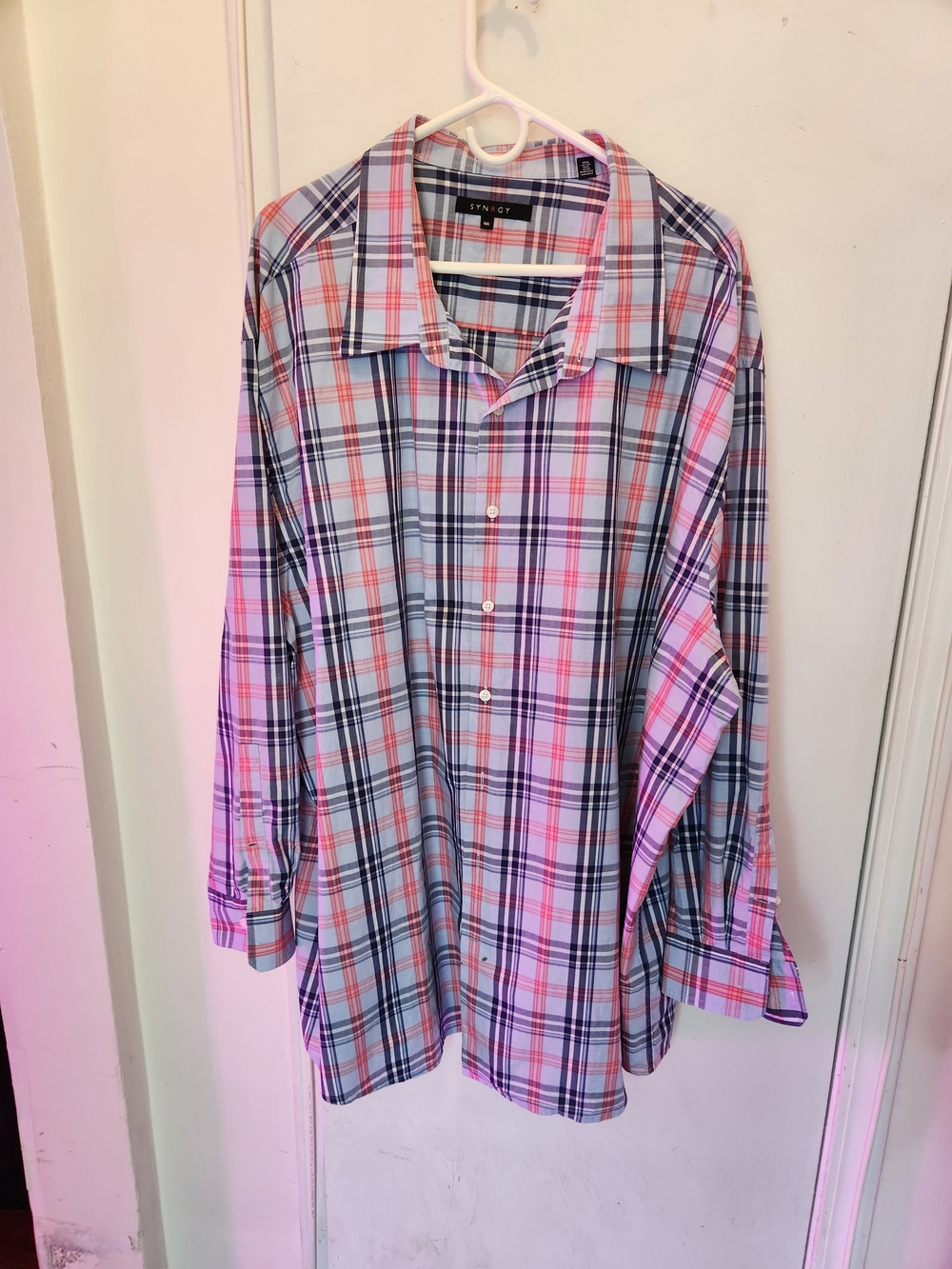 Men's SYNRGY Plaid Button-Up 4XL Shirt - Light Blue, Rose Red & Navy